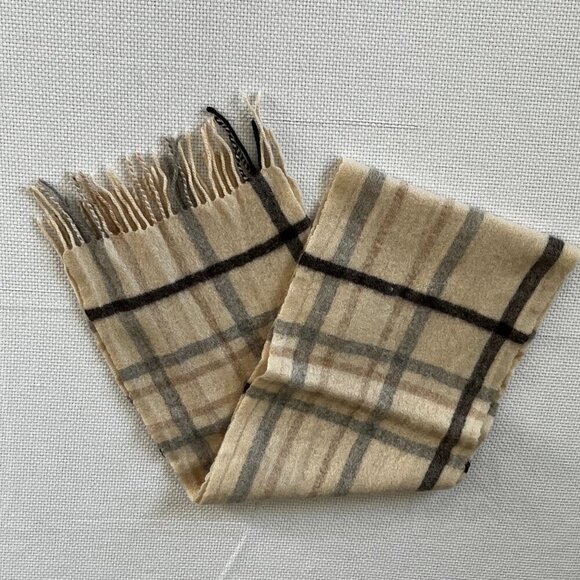 Cashmere by Charter Club 100% Cashmere Scarf Neutral Plaid w fringe 9 x 50 - Picture 1 of 8
